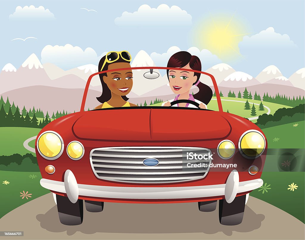 Девушки вождения Кабриолет Спортивный автомобиль на горы - Векторная графика Водить роялти-фри
