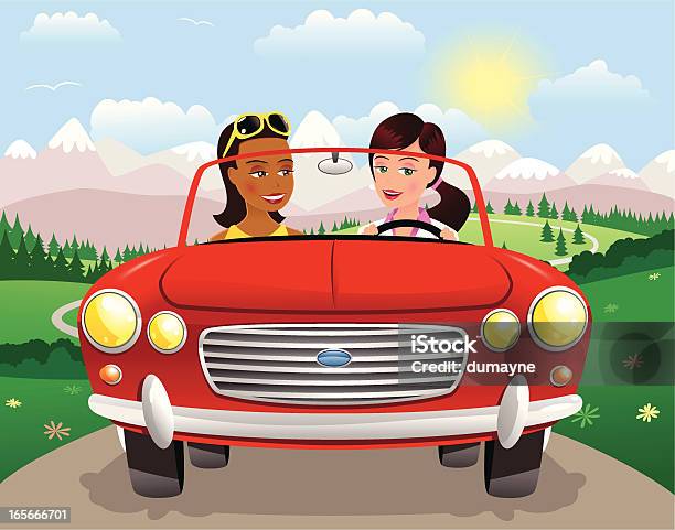 Девушки Вождения Кабриолет Спортивный Автомобиль На Горы — стоковая векторная графика и другие изображения на тему Водить