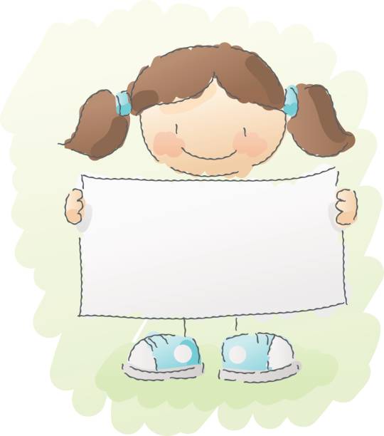 illustrazioni stock, clip art, cartoni animati e icone di tendenza di scarabocchi: ragazza con segno - pigtails placard child holding