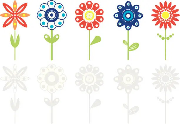 Vector illustration of Various Retro Colored Flower Icons.