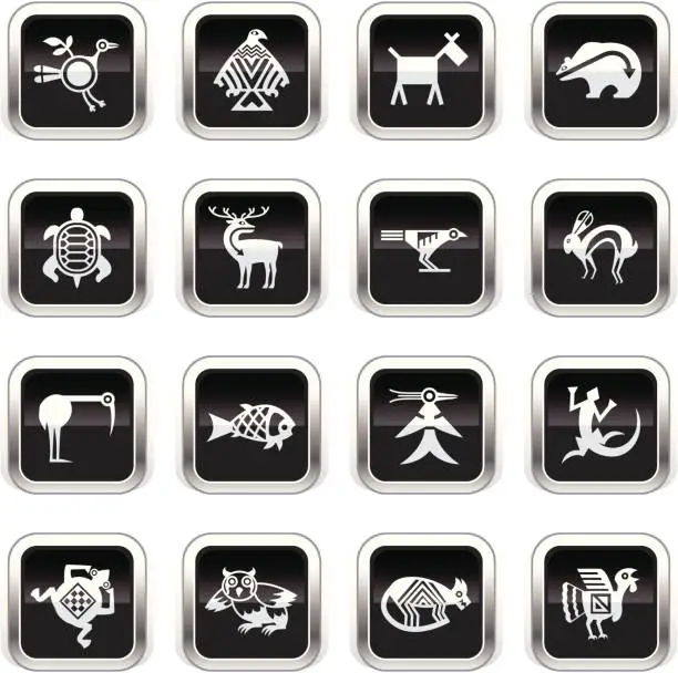 Vector illustration of Supergloss Black Icons -  Indian Tribal Animals