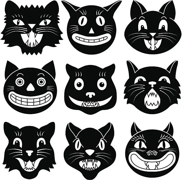 Vector illustration of Black and white images of Halloween cat heads