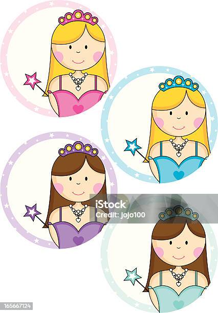4 귀여운 웃는 Princess 문자 초대 또는 쁠라스 카드 갈색 머리에 대한 스톡 벡터 아트 및 기타 이미지 - 갈색 머리, 공주, 귀여운