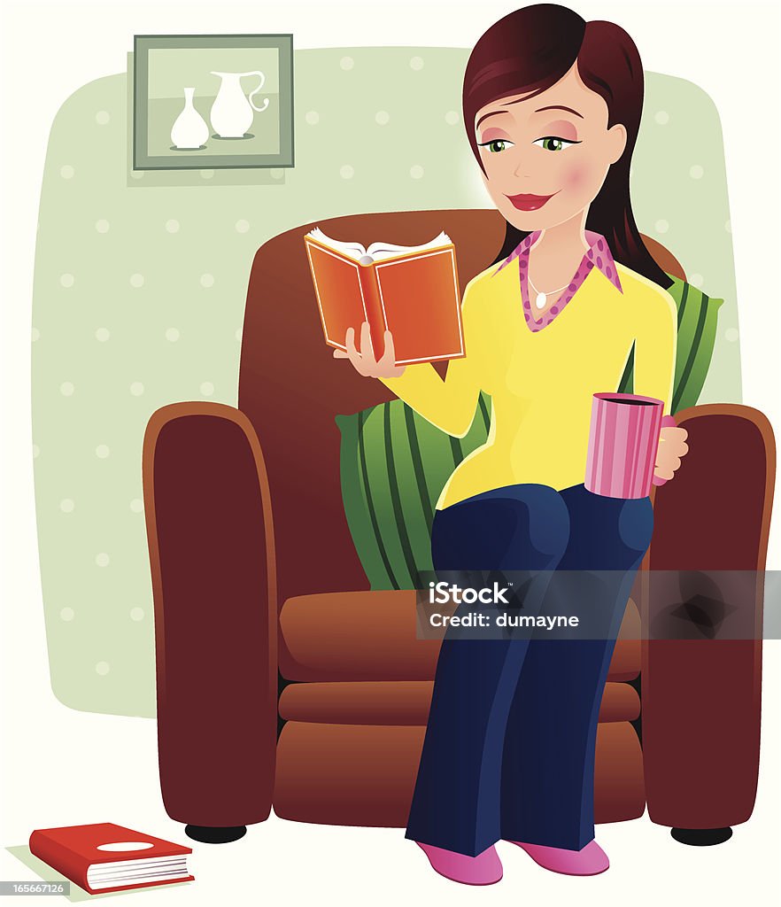 Girl drinking hot drink and reading on chair Young woman reading a book and having a hot drink, while relaxing at home. Girl/chair element is isolated from background (as is book on floor), and completely movable. Adult stock vector