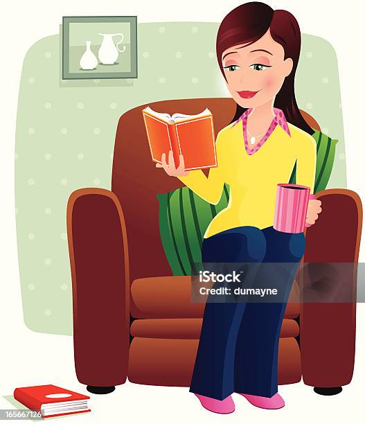 Girl Drinking Hot Drink And Reading On Chair Stock Illustration - Download Image Now - Adult, Book, Chair