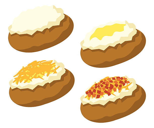 Baked Potato Baked potatoes with different toppings: butter, cheese, and bacon bits. baked potato stock illustrations