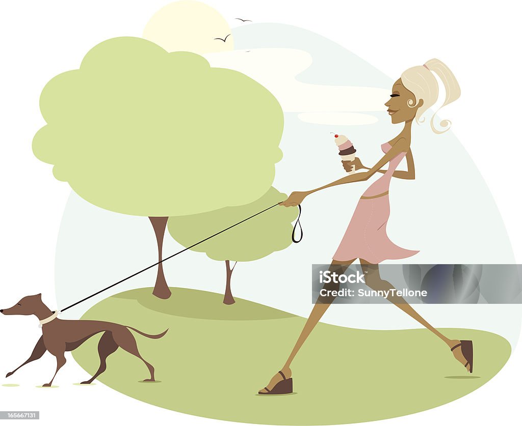 Out For Ice Cream Happy blonde taking her dog for a walk with an ice cream cone. Image grouped as one object. Blond Hair stock vector