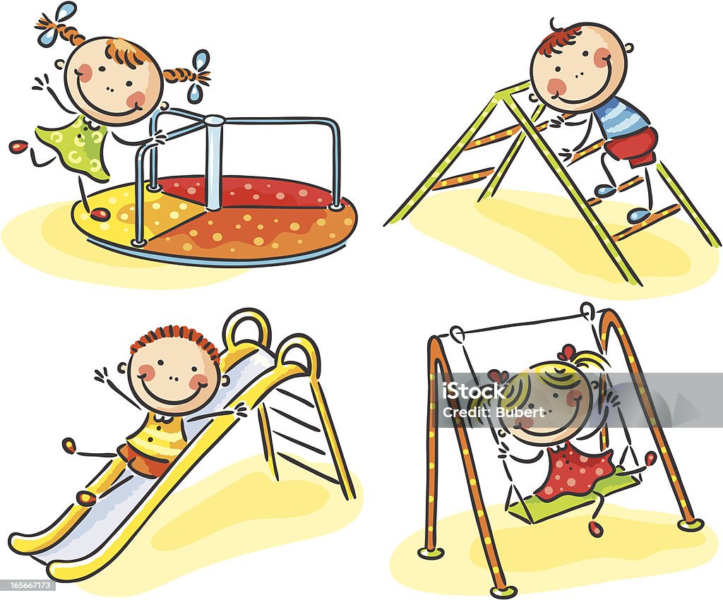 Set of Children Playing on Various Playground Equipment Little kids on the playground. No gradients.   Child stock vector