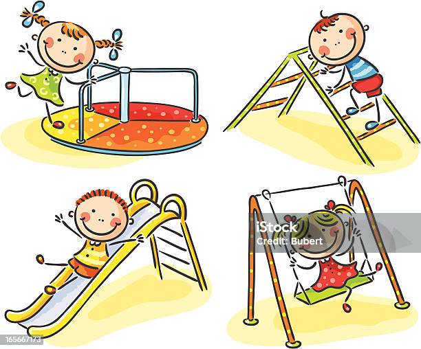 Set Of Children Playing On Various Playground Equipment Stock Illustration - Download Image Now