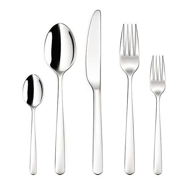 besteck-set mit löffel, gabel, kinife - flatware silverware in a row eating utensil stock-grafiken, -clipart, -cartoons und -symbole