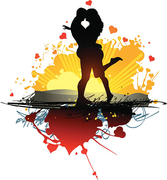 Too much love - couple Sun, hearth's, abstract landscape in paint stains and much, much, love. drawing of the man seducing woman stock illustrations