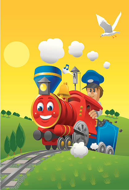 ilustrações, clipart, desenhos animados e ícones de o little red trem - cartoon train landscape miniature train