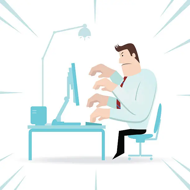 Vector illustration of Hard-Working Businessman in front of a computer ( workaholic )