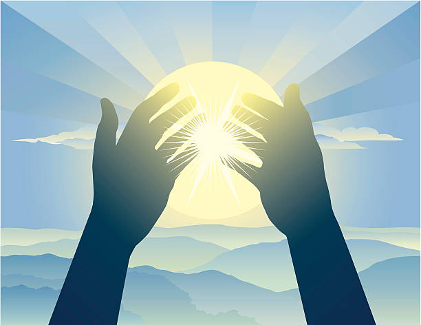 Praying Hands Uplifted hands in prayer against a sun-filled sky. praise and worship stock illustrations