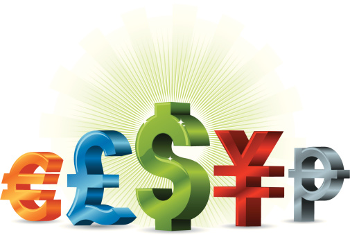 Currency symbols from around the world. All colors are global. The starburst background contains a clipping mask.
