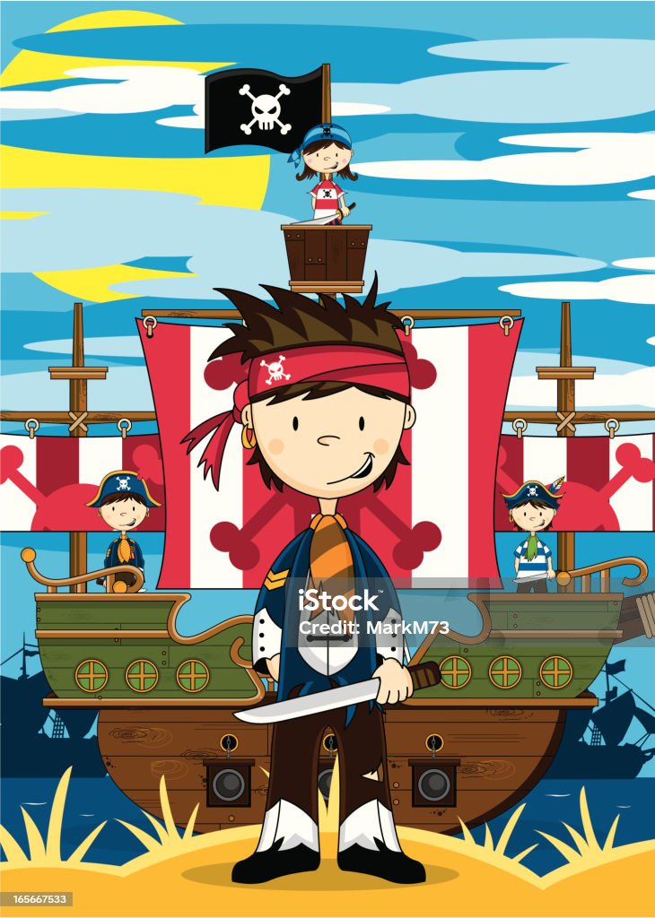 Boy Pirate Crewman Ship Scene Boy Pirate Crewman Ship Scene. Bandana stock vector