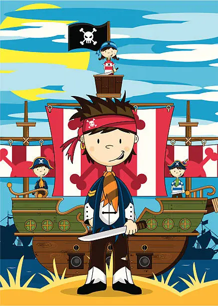 Vector illustration of Boy Pirate Crewman Ship Scene