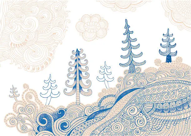 Vector illustration of Drawing of christmas trees on background of abstract land and sky
