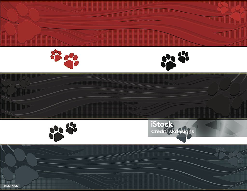 Dog Paw Prints Background Banners Set Background banners with OPTIONAL dog paw prints designs to use for websites, for advertising, and much more. Extra dog paw design included. Three colors from which to choose, each with gold edging. Animal stock vector