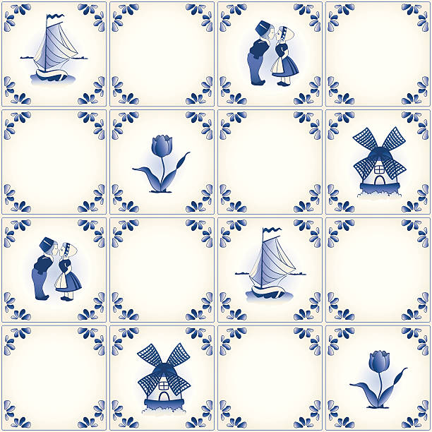 ilustrações, clipart, desenhos animados e ícones de de azulejos delft blue padrão swatch - delftware