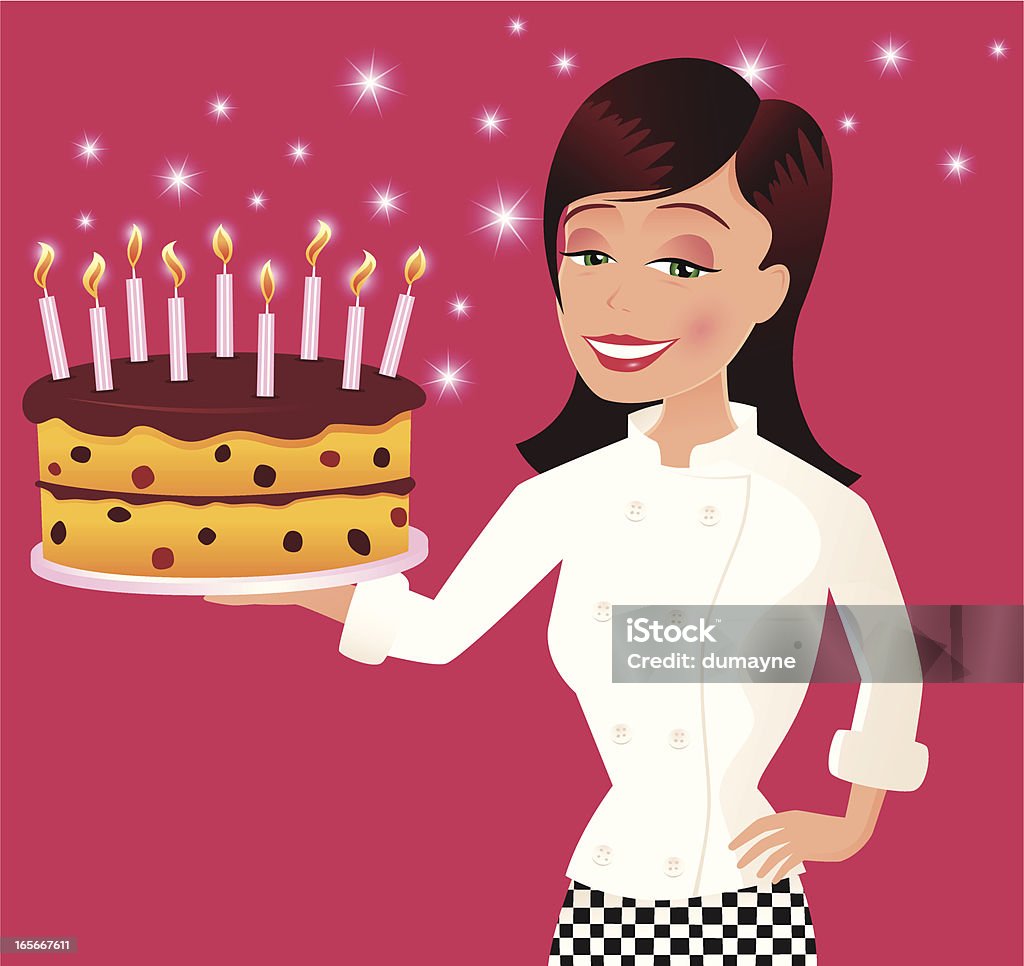 Female chef with large birthday cake Chef presenting a birthday chocolate sponge layer cake, with chocolate chunks in the sponge layers and plenty of candles. Adult stock vector