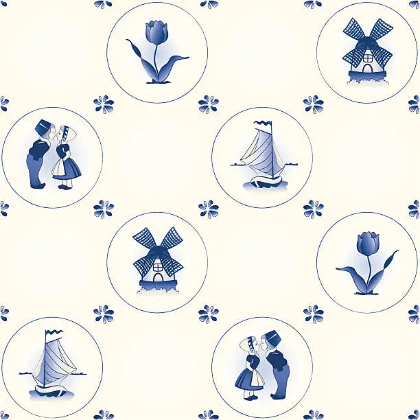 Vector illustration of Delft blue tile pattern swatch