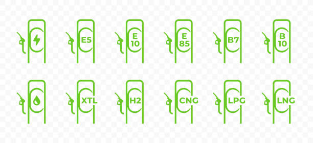 illustrations, cliparts, dessins animés et icônes de distributeur de carburant avec marquage des types de carburant: essence, diesel, conception de vecteur de gaz. station de carburant avec buse avec l’étiquetage des types de carburant conception graphique - gasoline gas station labeling fuel and power generation