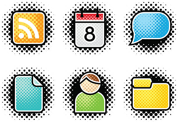 halftone icons: blog and web blogging and website related icons in a halftone, comic style rss feeds stock illustrations