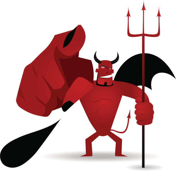 Hand Sign: Devil, demon holding trident and pointing at you Vector illustration – Evil demon wants you! Sell your soul now ! Cartoon germs or monsters or devil,demon sneering and pointing at you. cartoon of the devils pitch fork stock illustrations