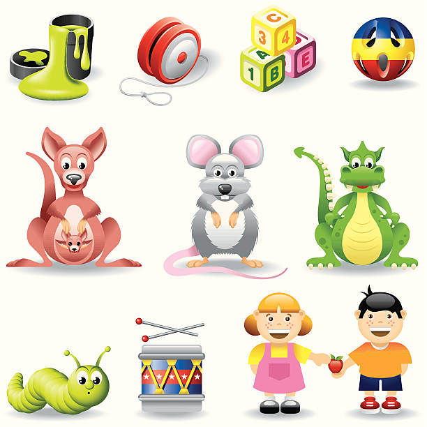 ilustraciones, imágenes clip art, dibujos animados e iconos de stock de icono conjunto de niños - kangaroo animal humor fun