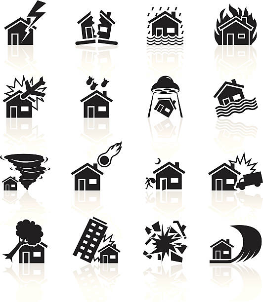 illustrazioni stock, clip art, cartoni animati e icone di tendenza di nero simboli-house catastrofe - lightning house storm rain
