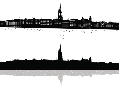 Silhouette view of the Stockholm city with reflection and with windows. AI, EPS, PDF, SVG files included.
