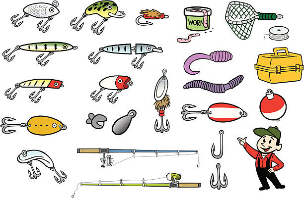 ilustrações de stock, clip art, desenhos animados e ícones de coisas de pesca - worm cartoon fishing bait fishing hook