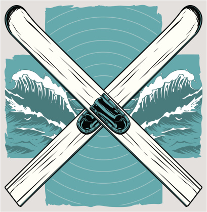 A pair of vintage wooden water skis, crossed over a stylized waves background