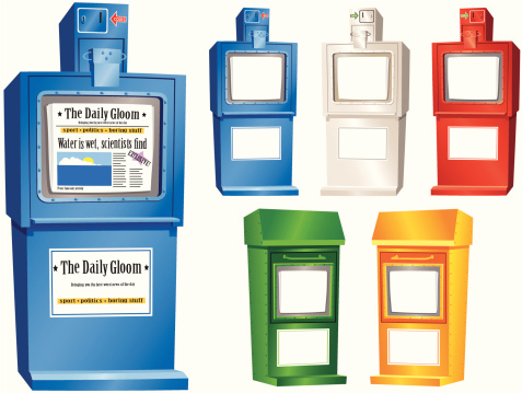 Newspaper vending stands in five assorted colours. Two different designs. Large blue stand has a generic newspaper and advert for your use and an example. All small stands left blank for your own message. All illustrations are isolated on white.