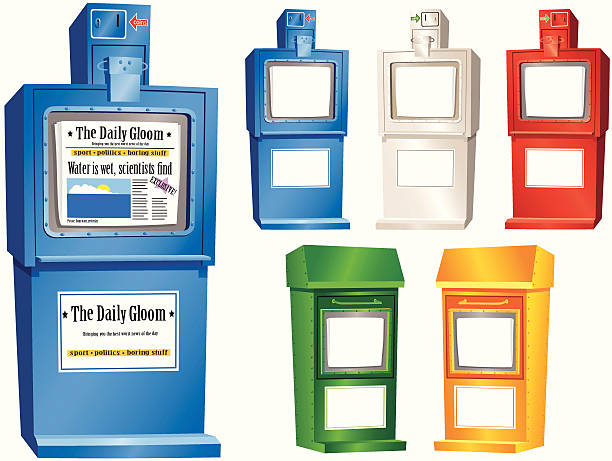 Newspaper vending stands Newspaper vending stands in five assorted colours. Two different designs. Large blue stand has a generic newspaper and advert for your use and an example. All small stands left blank for your own message. All illustrations are isolated on white. news stand stock illustrations