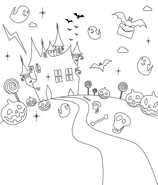 Vector illustration of Halloween Party, Haunted House, Outline