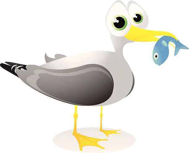 Vector illustration of Seagull with a fish cartoon