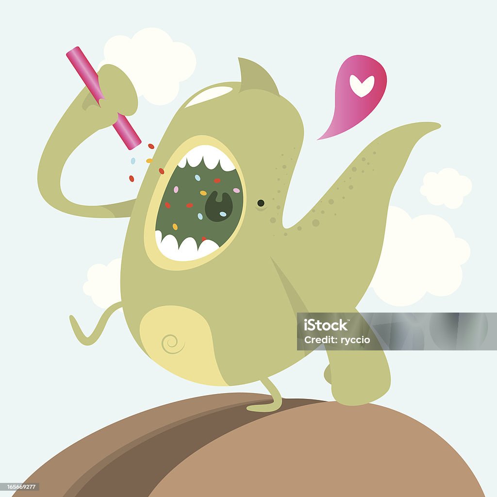 Hungry dragon A funny dragon walking around with a stick of candies. He's hungry and sweet. Eating stock vector