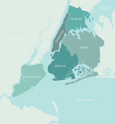 A detailed map of the five boroughs of New York City. Shoreline is highly detailed. Each borough is on a separate layer so colors can be easily changed. Text is hand-drawn.