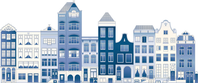 row of typical Amsterdam row houses in Delft blue colours - can be repeated easily to create a fun border - easy to edit separate layers and global colours
