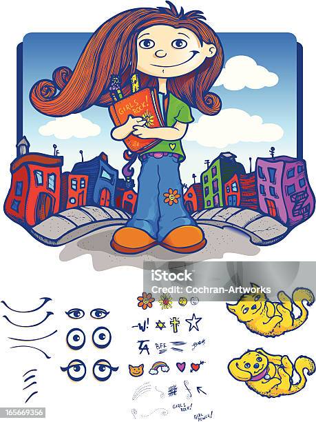 Cute Little Urban Girl Stock Illustration - Download Image Now - 12-13 Years, Anthropomorphic Smiley Face, Arrow Symbol