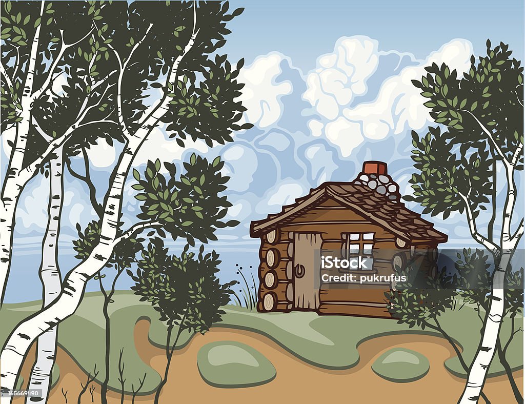 Cabin Property Cabin property is part of a series of houses. This is shown as colored log cabin with a rock chimney shown on the back of the cabin.  The landscaping is prairie grass with aspen trees in the foreground.  There are fluffy white clouds in a bright blue sky making up the background. This will be useful as clip-art. Aspen Tree stock vector