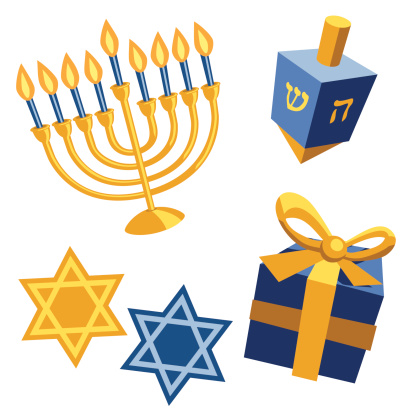 A collection of Hanukkah elements including a dreidel, a menorah, a present wrapped in blue and gold, and Star of David symbols.
