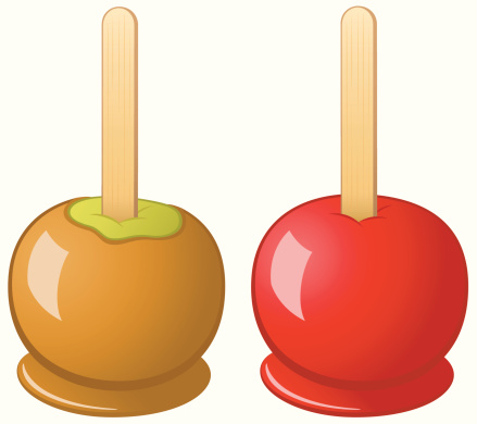 Vector illustration of a candy apple and a caramel apple.  Each apple is on its own layer, easily separated from the other and from the white background.  Illustration uses both linear and radial gradients.  Both CS .ai and A8-compatible .eps formats are included, along with a high-res .jpg.