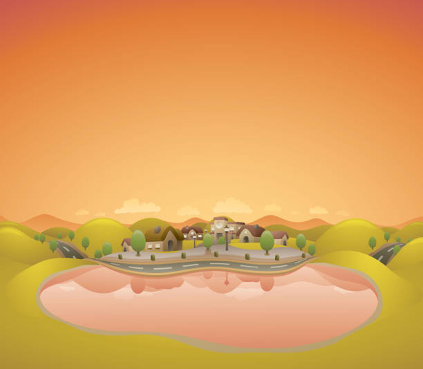 Sunset Lake Landscape vector art illustration