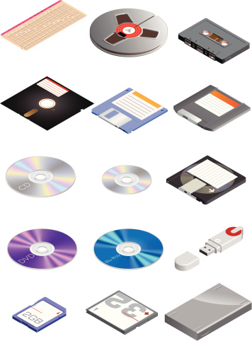 Highly detailed isometric vector illustration of several different types of portable data storage.
