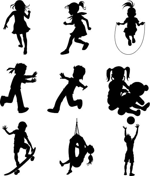어린 자녀가 있는 다른 스포츠 활동 (말풍선이 있는 스타일 - child jumping white background small stock illustrations