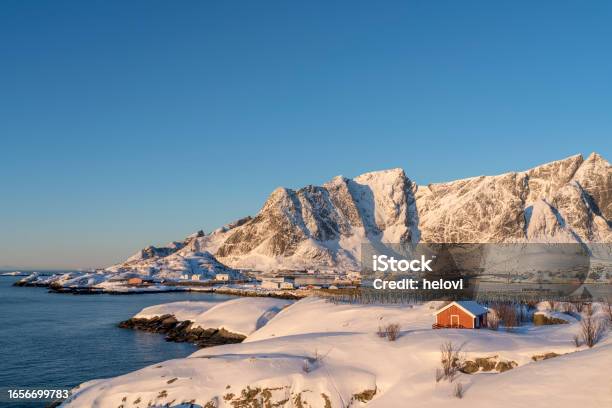 Village Raine At Sunrise In Winter Lofoten Stock Photo - Download Image Now - Backgrounds, Beauty, Beauty In Nature