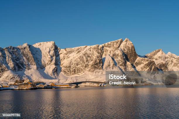 Village Raine At Sunrise In Winter Lofoten Stock Photo - Download Image Now - Backgrounds, Beauty, Beauty In Nature